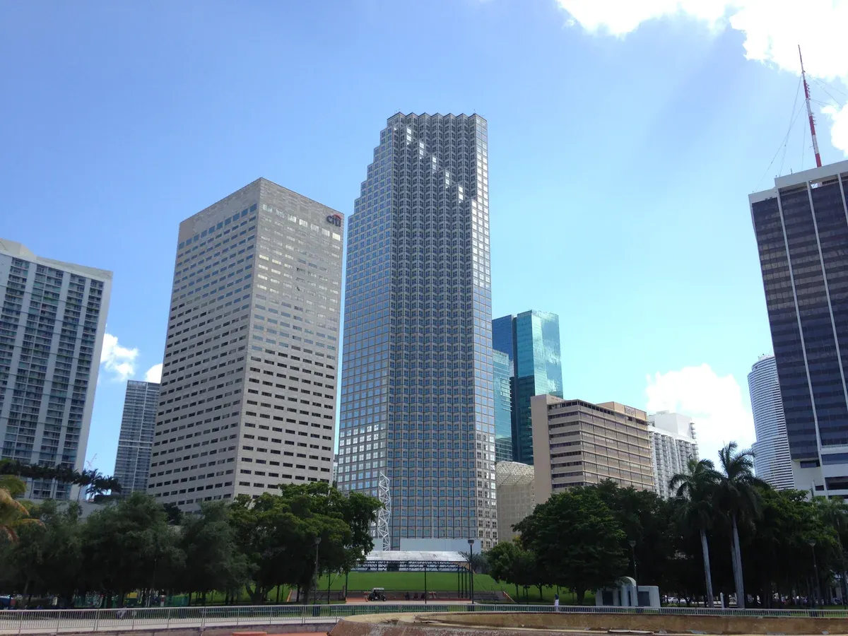 Downtown Miami towers seen from Bayfront Park, a free park by the Metromover near the port for a Bahamas cruise from Miami