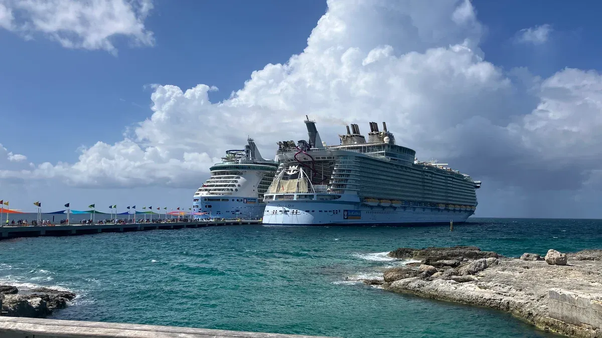 Two Royal Caribbean ships at the pier of Perfect Day at CocoCay, a private island stop on a Bahamas cruise from Miami