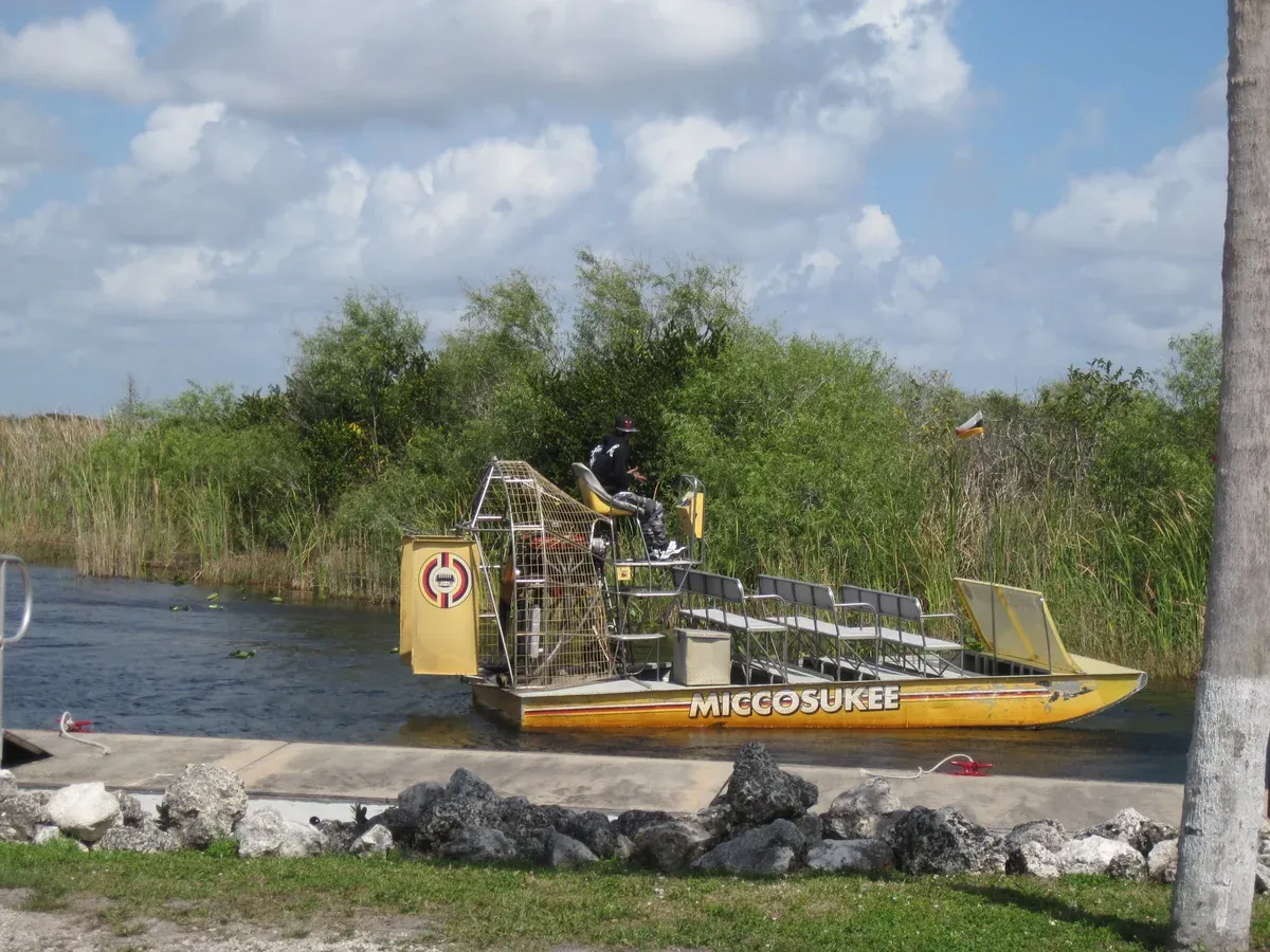 Airboat at a dock in the Florida Everglades, an option on a 3-day trip from Miami