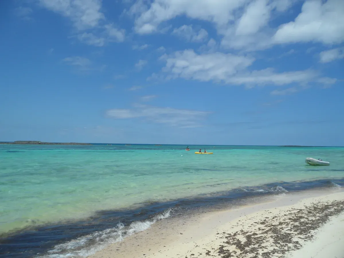 Turquoise water and white sand at Paradise Cove near Deadman's Reef, Grand Bahama, for Paradise Cove Freeport snorkeling