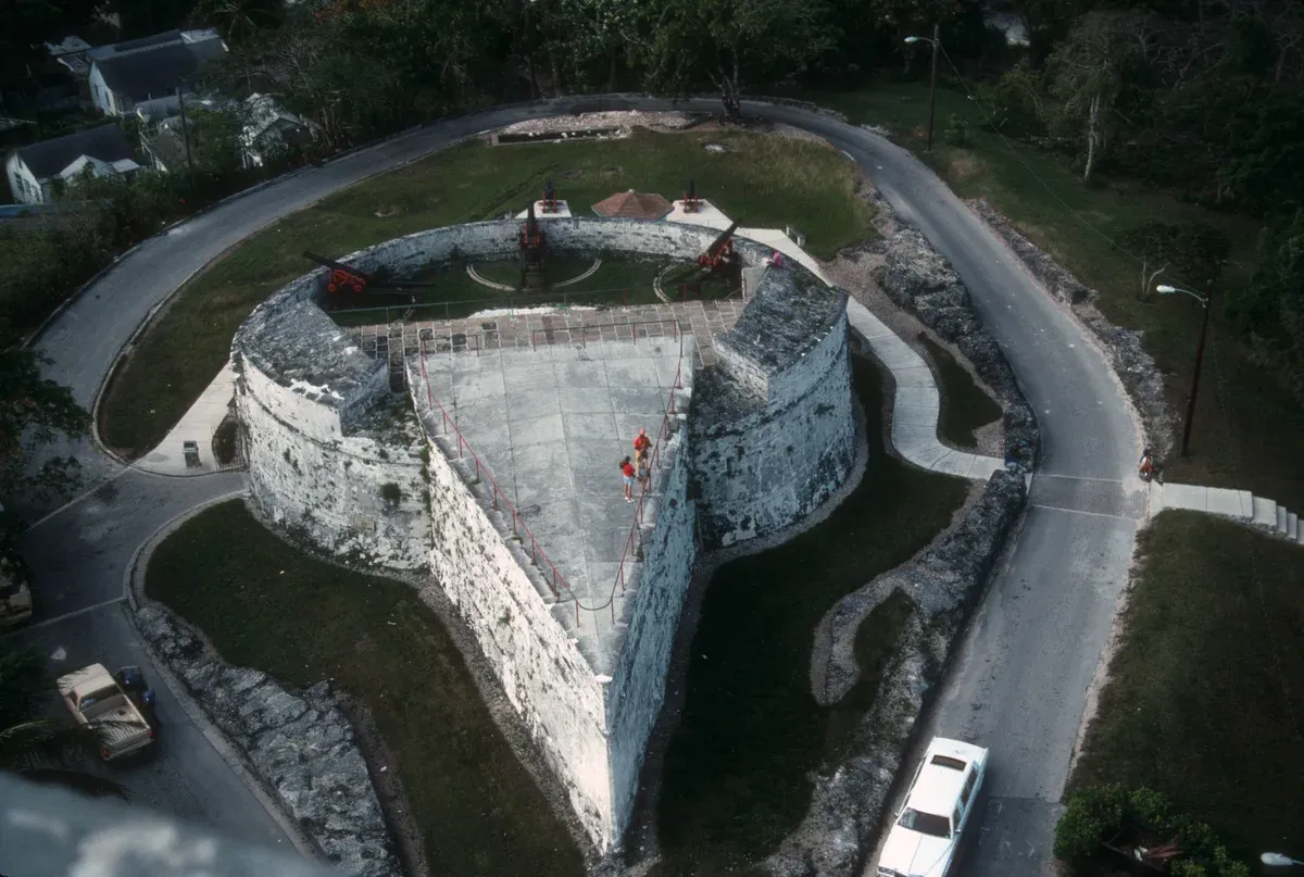 Aerial view of Fort Fincastle's ship-shaped walls, a stop on a Nassau island tour