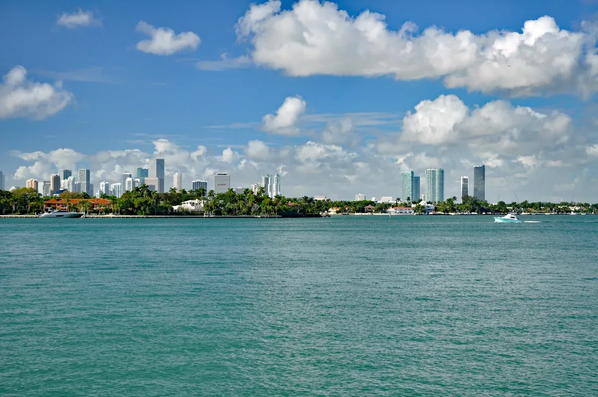 Downtown Miami skyline above Biscayne Bay, the view on a Biscayne Bay boat tour Miami
