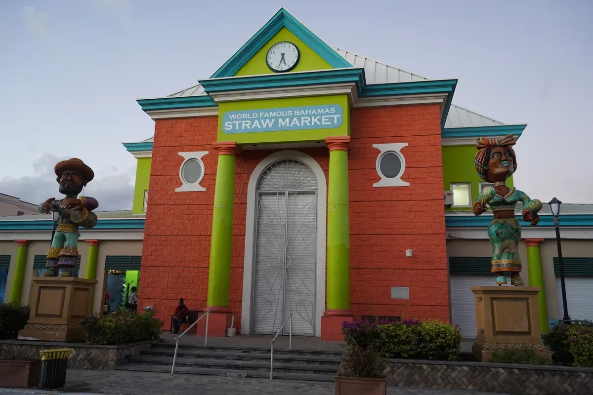 Colourful Straw Market building in downtown Nassau, a stop on a Nassau trolley tour